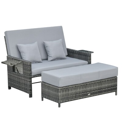 Polyrattan Gartenliege 2-Sitzer mit Hocker Grau