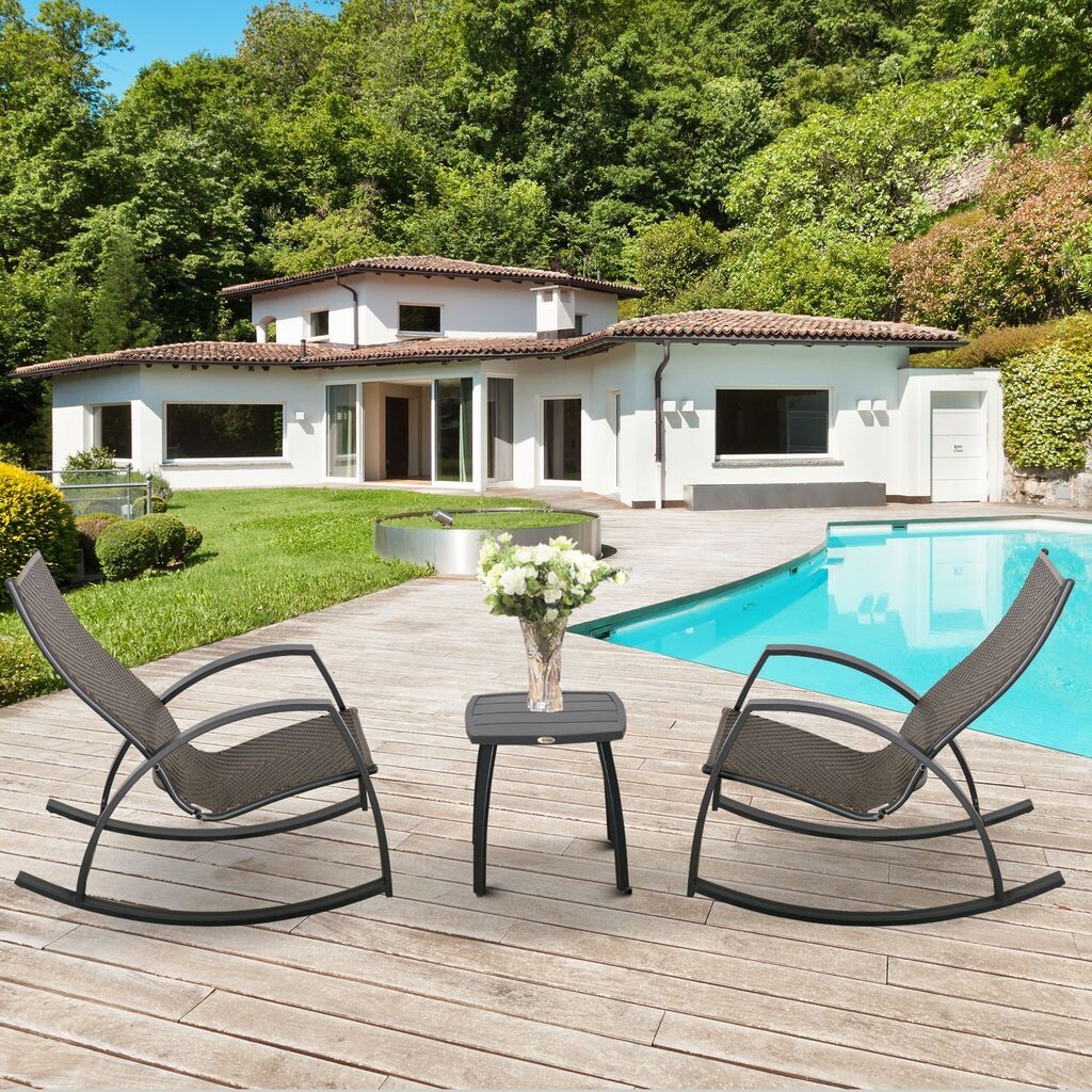 Outsunny Rattan-Schaukelstuhl Bistroset 3 teilige 2 Stühle 1 Tisch Aluminium Komfort UV-Beständig für Gärten Terrassen Pools patio