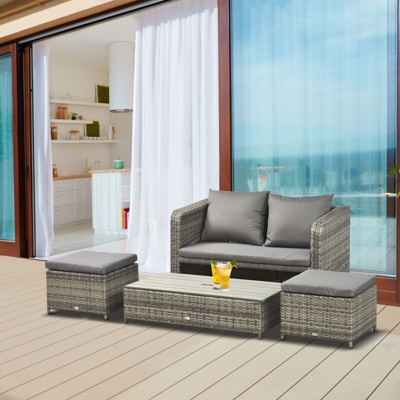 Outsunny® Polyrattan Sitzgarnitur 4 tlg. Sitzgruppe Gartenset Doppelsofa mit Hocker Tisch