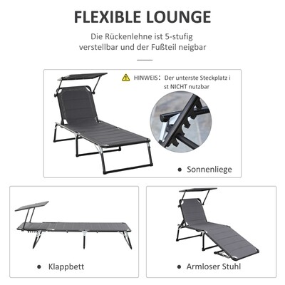 Gartenliege Alu Sonnenliege mit Dach Stoffliege Relaxliege 5-fach verstellbar faltbar ergonomisch Texteline Dunkelgrau 164 x 66 x 84,5 cm