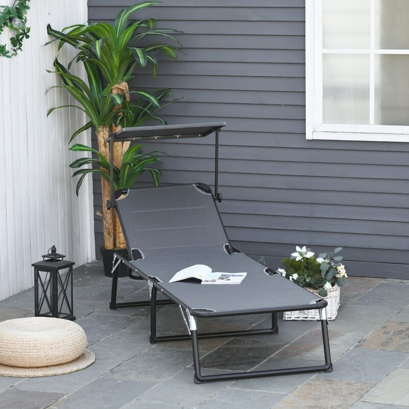 Gartenliege Alu Sonnenliege mit Dach Stoffliege Relaxliege 5-fach verstellbar faltbar ergonomisch Texteline Dunkelgrau 164 x 66 x 84,5 cm
