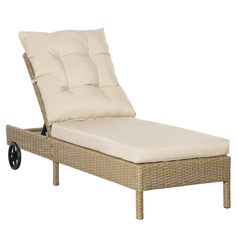 Gartenliege mit Rollen Rattan-Optik Natur+Khaki