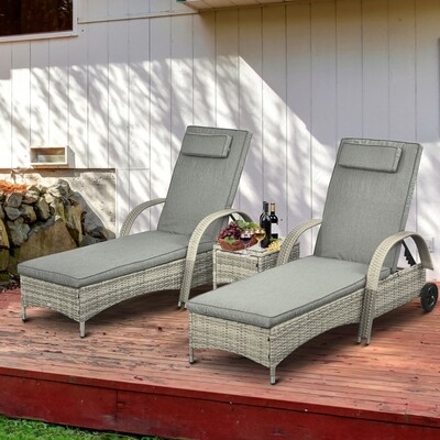 Sonnenliege Gartenliege Tisch 3er-Set Gartenmöbel, Polyrattan+Metall Grau