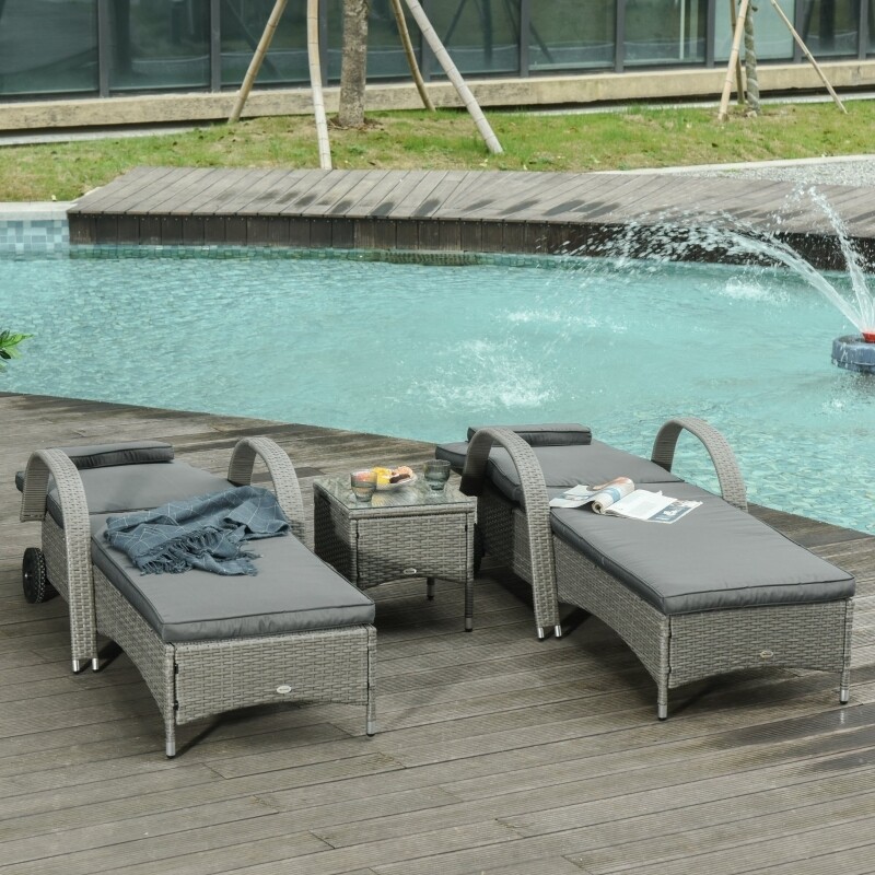 Outsunny® Polyrattan Sonnenliege Tisch Set Gartenliege Gartenmöbel mit Kissen