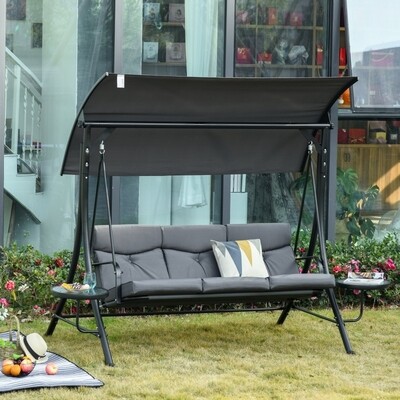 Hollywoodschaukel 3-Sitzer, Sonnendach, Teetisch, 271 x 125 x 177 cm, Grau+Schwarz