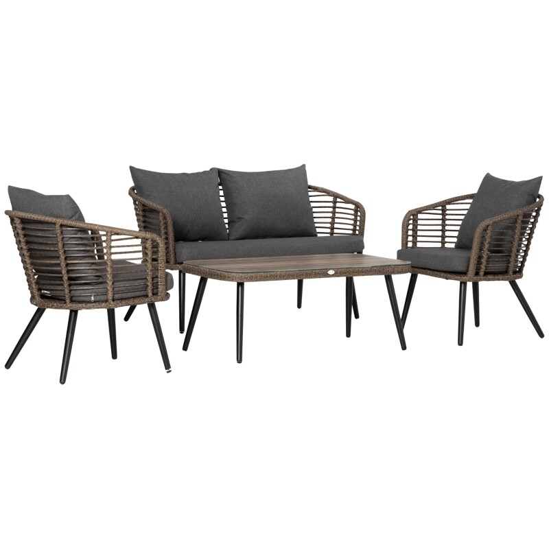 Gartenmöbel-Set für 4 Personen, 1 Sofa, 2 Sessel. 1 Tisch, PE-Rattan, abnehmbare Polster, Braun+Grau