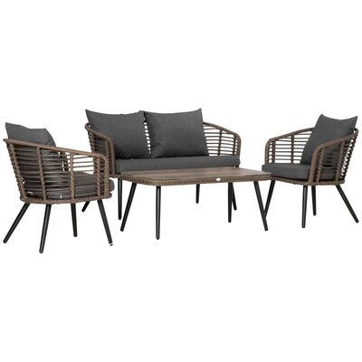 Gartenmöbel-Set für 4 Personen, 1 Sofa, 2 Sessel. 1 Tisch, PE-Rattan, abnehmbare Polster, Braun+Grau