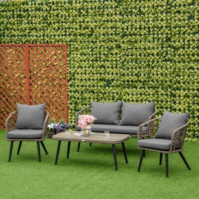 Gartenmöbel-Set für 4 Personen, 1 Sofa, 2 Sessel. 1 Tisch, PE-Rattan, abnehmbare Polster, Braun+Grau