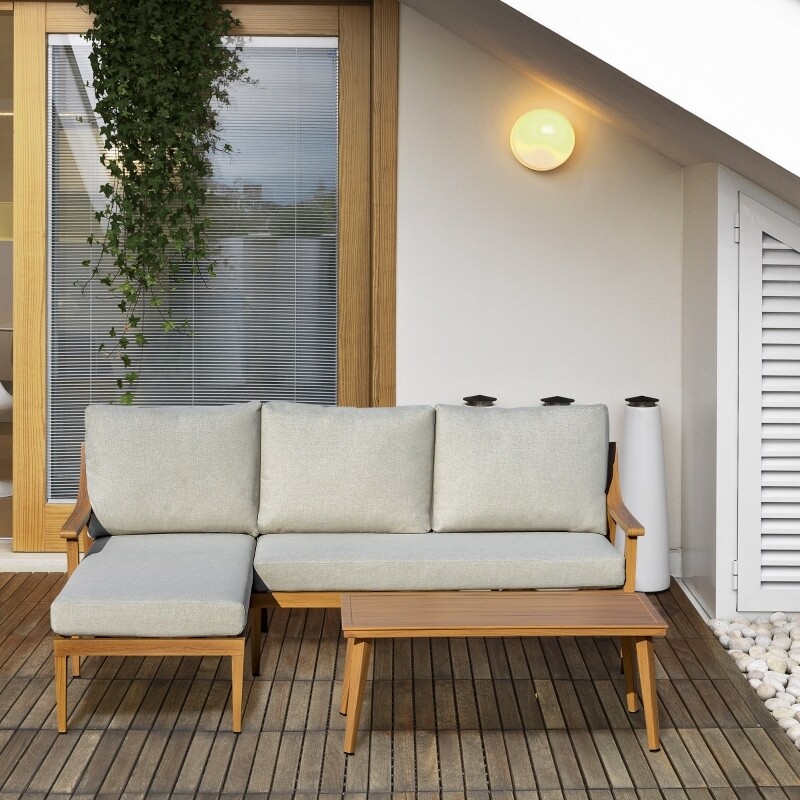 Gartenmöbel Set für 3 Personen mit Chaiselongue Doppelsofa Tisch Natur