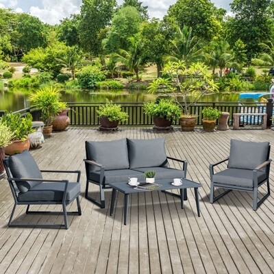 4-teiliges Gartenmöbelset, Sofa, Sessel, Beistelltisch, Dunkelgrau