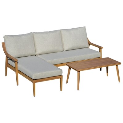 Gartenmöbel Set für 3 Personen mit Chaiselongue Doppelsofa Tisch Natur
