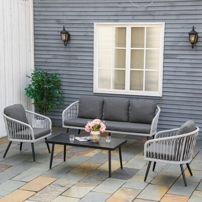 Polyrattan Gartenmöbel Set für 5 Personen Sitzgruppe mit Kissen Alu Grau