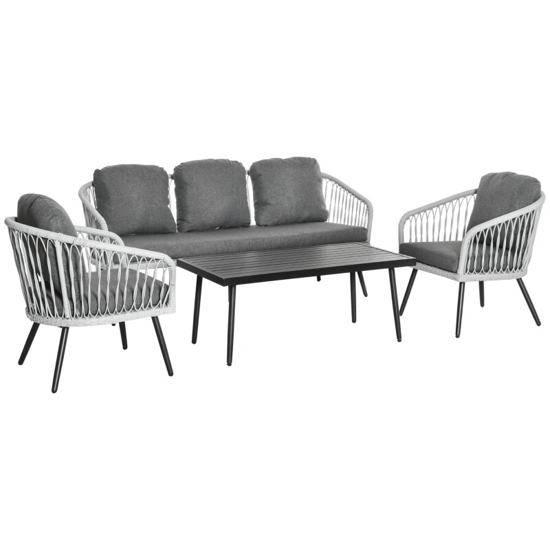 Polyrattan Gartenmöbel Set für 5 Personen Sitzgruppe mit Kissen Alu Grau