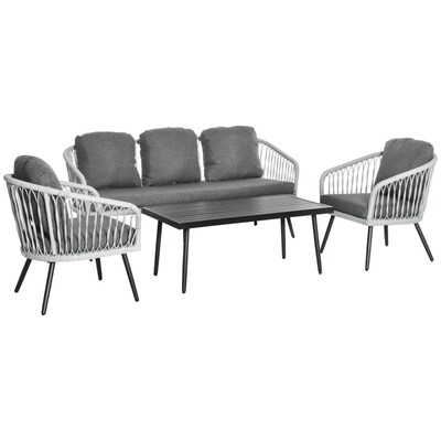 Polyrattan Gartenmöbel Set für 5 Personen Sitzgruppe mit Kissen Alu Grau
