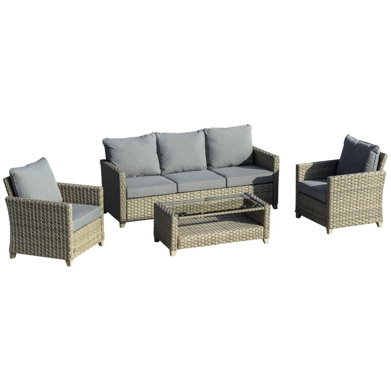 Rattan-Gartenmöbelset 5tlg. für 4 Personen, Gartensitzgruppe, abnehmbare Polster, Braun + Grau