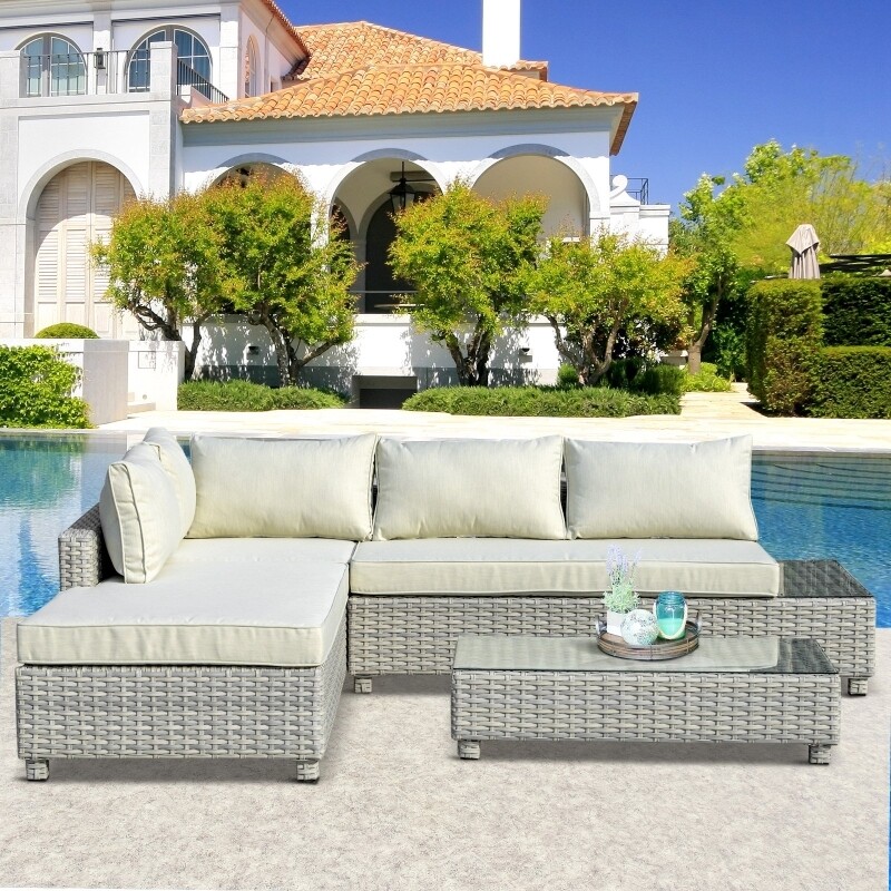 Outsunny 3 teiliges Polyrattan Garten Sofa Set mit Beistelltisch grau