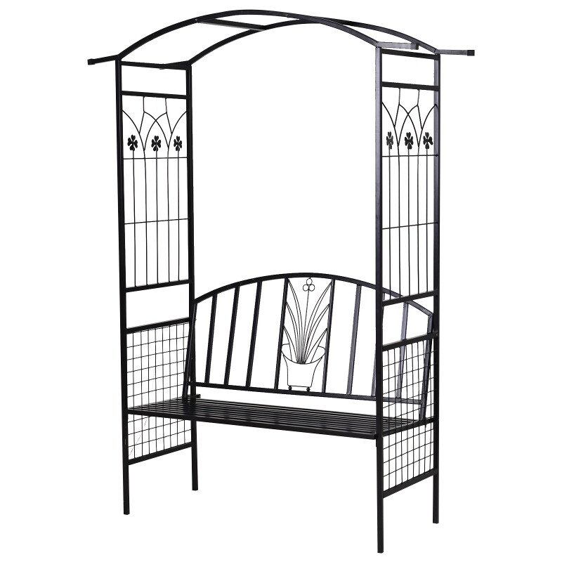 Rosenbogen mit Sitzbank Torbogen Rankgitter Rankhilfe Garten Bogendach Metall Schwarz 152 x 58 x 207 cm