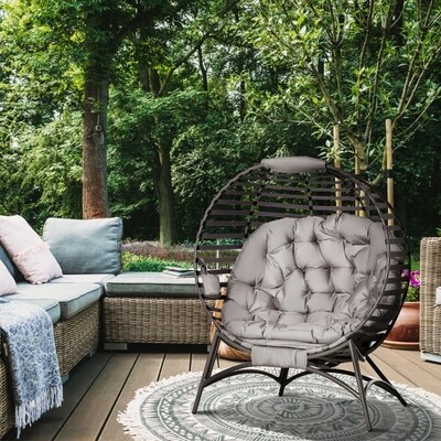 Luxus-Gartenstuhl Papasansessel mit Kissen oval Loungesessel Korb faltbar Balkon Terrasse Outdoor/Indoor Sandbraun Stahl 118 x 75 x 139 cm