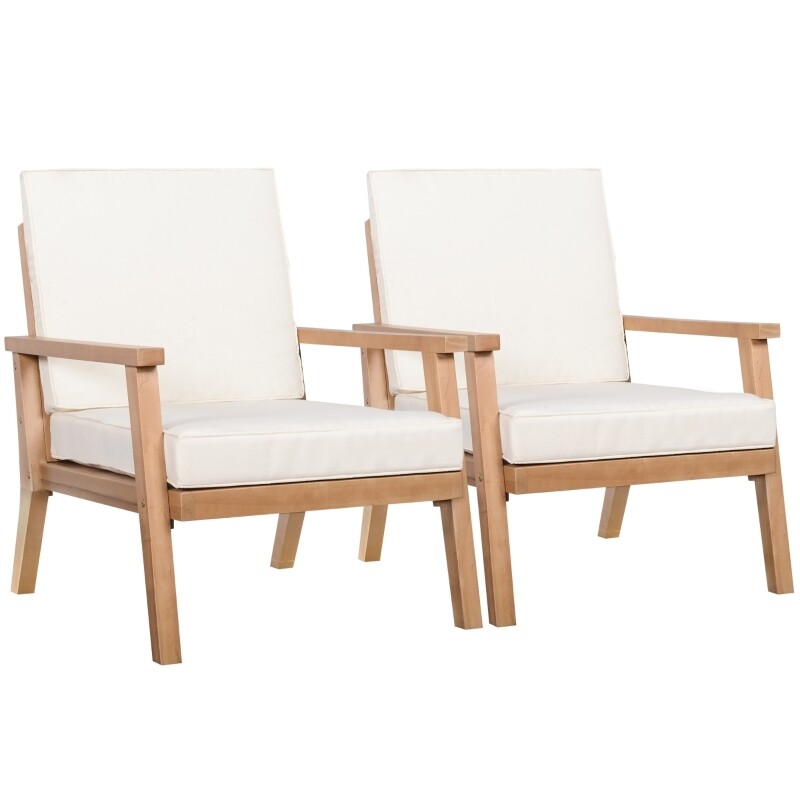 2 Gartensessel aus Naturholz, mit Sitzpolstern, Braun+Beige,