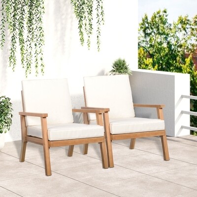 2 Gartensessel aus Naturholz, mit Sitzpolstern, Braun+Beige,