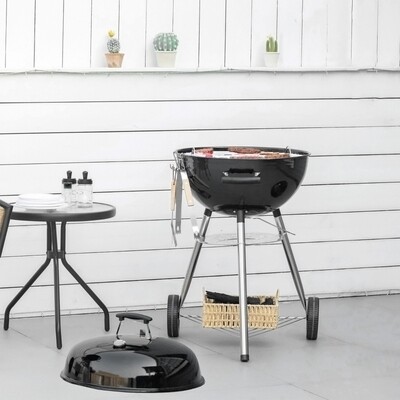Kugelgrill mit Messer, Wender und Grillzange, Thermometer, Aschefach, Regenhülle, Metall, schwarz