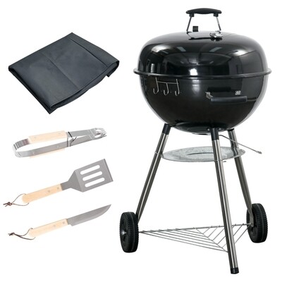 Kugelgrill mit Messer, Wender und Grillzange, Thermometer, Aschefach, Regenhülle, Metall, schwarz