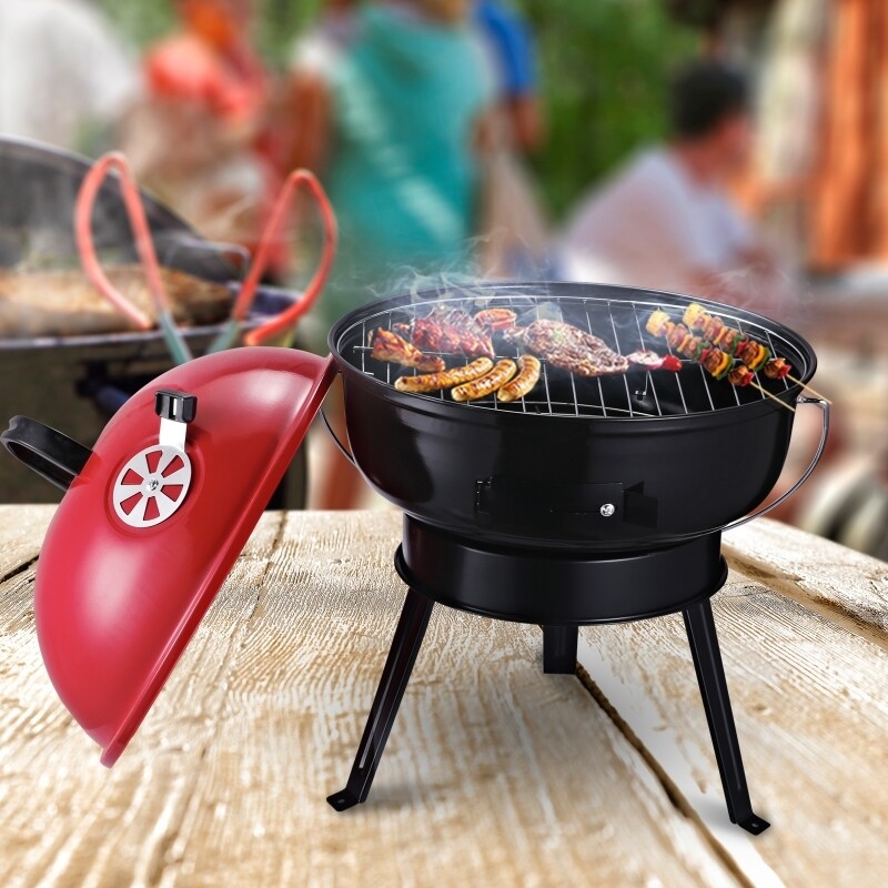 Outsunny Tragbarer Picknick Camping Kugelgrill Holzkohlegrill Dreibein Metall Rot/Schwarz Ø36,5 x 54 cm