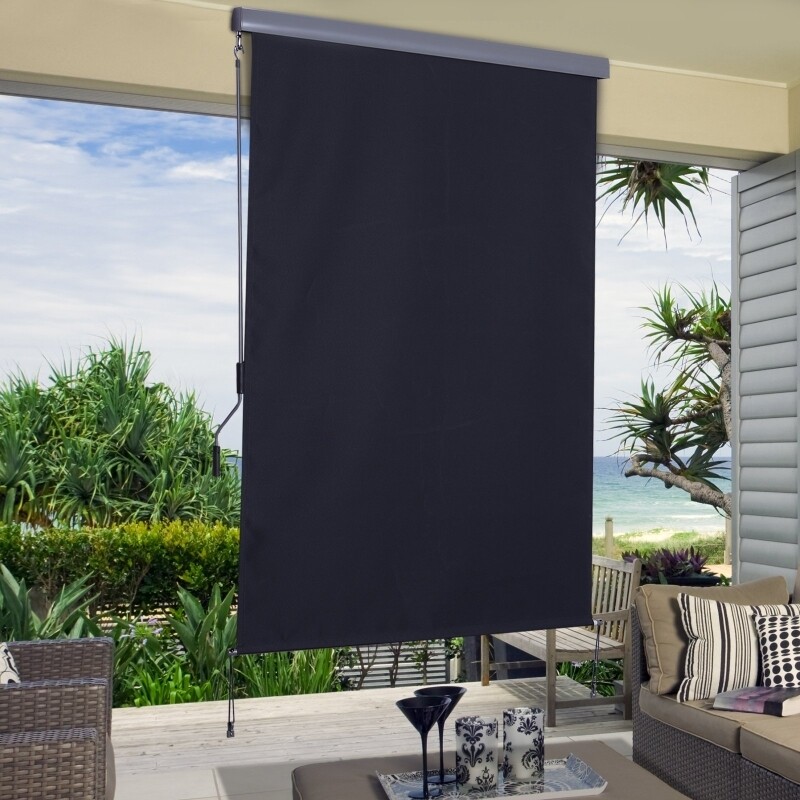 Balkon-Sichtschutz mit Handkurbel Windschutz Seitenrollo  Polyester+Aluminium Dunkelgrau 140 x 200 cm