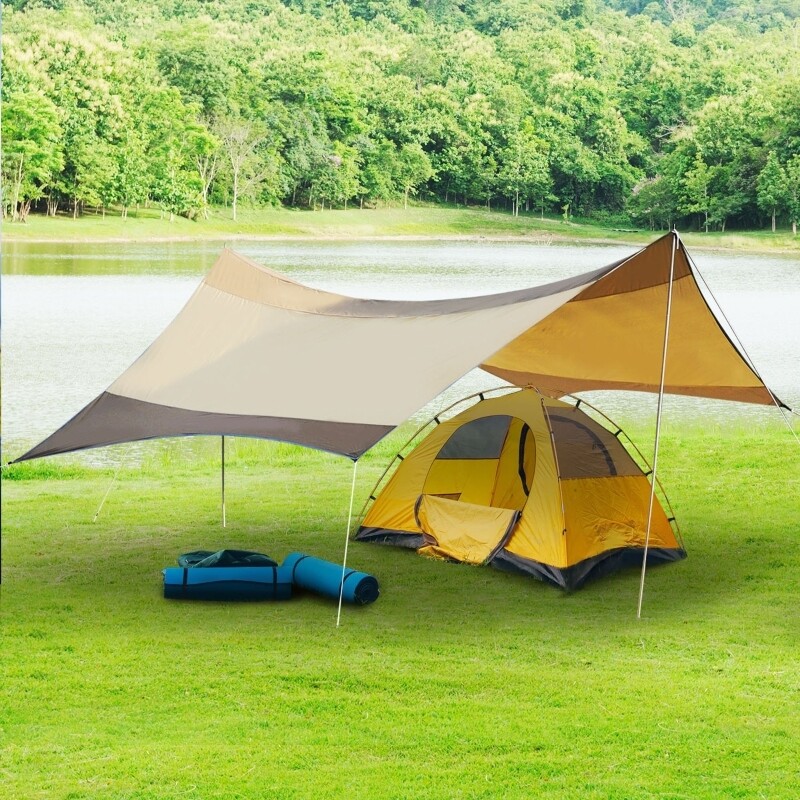 Outsunny Sonnensegel Tarp Sonnenschutz wasserdicht mit Aufstellstangen Camping Polyester Golden 550 x 560cm