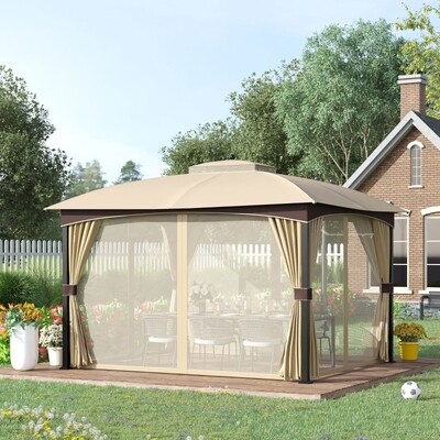 Luxus-Gartenpavillon mit Doppeldach Khaki+Braun 3,95 x 3,28 x 3,33 m