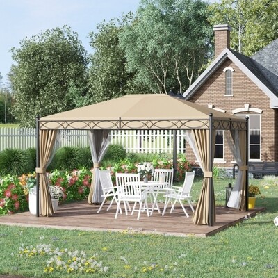 Luxus-Pavillon Gartenpavillon 3x4 m Gartenzelt Festzelt Partyzelt mit 4 x Seitenwände Moskitonetz Beige