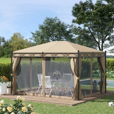 Luxus-Pavillon Gartenpavillon 3x4 m Gartenzelt Festzelt Partyzelt mit 4 x Seitenwände Moskitonetz Beige