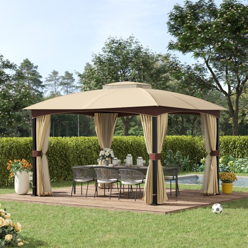 Luxus-Gartenpavillon mit Doppeldach Khaki+Braun 3,95 x 3,28 x 3,33 m