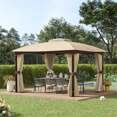 Luxus-Gartenpavillon mit Doppeldach Khaki+Braun 3,95 x 3,28 x 3,33 m