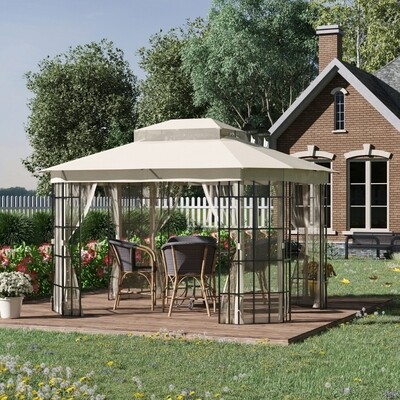 Pavillon Gartenpavillon 3,65 x 3 m Gartenzelt Festzelt Partyzelt mit 4 x Moskitonetz atmungsaktivem Doppeldach Metall