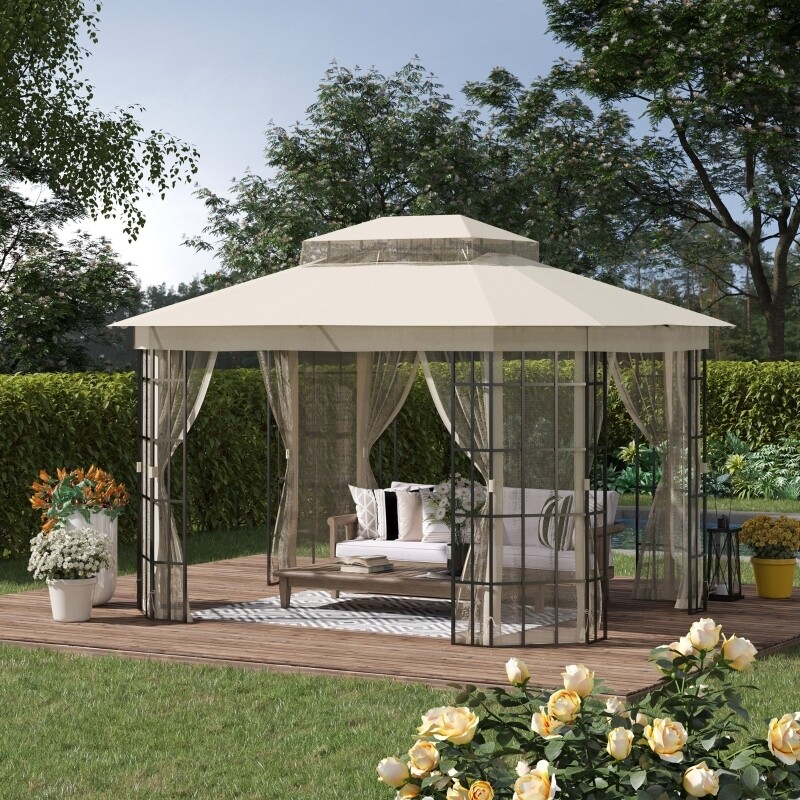 Pavillon Gartenpavillon 3,65 x 3 m Gartenzelt Festzelt Partyzelt mit 4 x Moskitonetz atmungsaktivem Doppeldach Metall