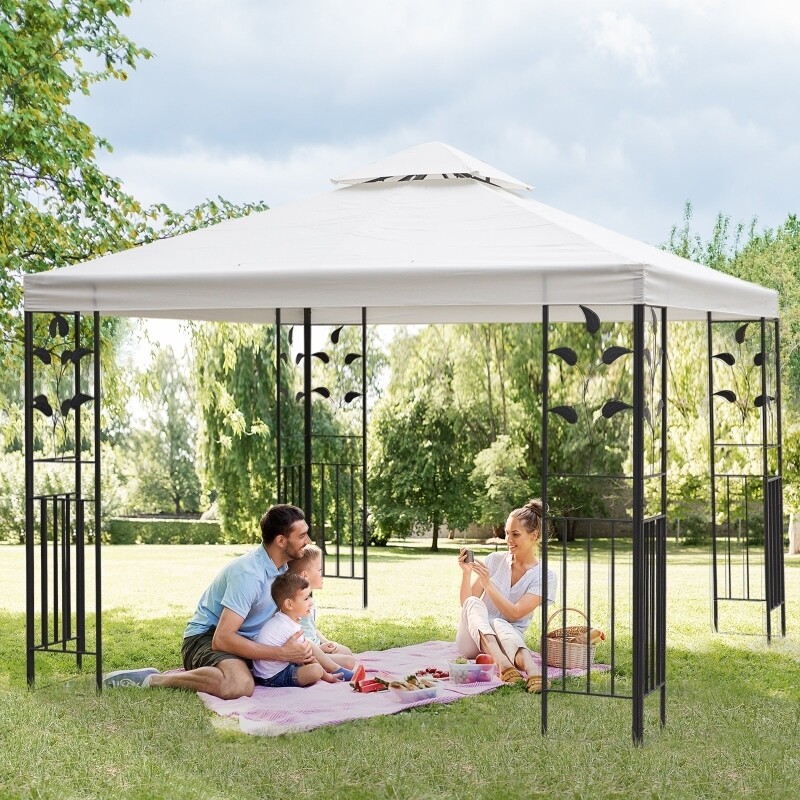 Gartenpavillon mit Blatt-Design Pavillon 3 x 3 m stahlrahmen Doppeldach atmungsaktiv Partyzelt Festzelt Polyester Cremeweiss