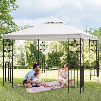 Gartenpavillon mit Blatt-Design Pavillon 3 x 3 m stahlrahmen Doppeldach atmungsaktiv Partyzelt Festzelt Polyester Cremeweiss
