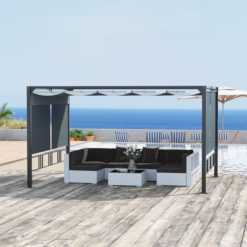 Pergola, Gartenpavillon 4 x 3 m mit einziehbarem Dach und Seitenwänden, Dunkelgrau,