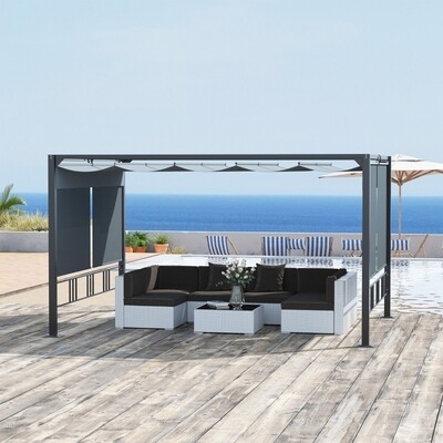Pergola, Gartenpavillon 4 x 3 m mit einziehbarem Dach und Seitenwänden, Dunkelgrau,