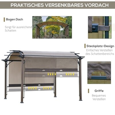 Pavillon 3,45 x 3,45 x 2,5m Pergola mit einstellbarem Stoffdach UV+50 braun