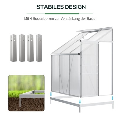 Gewächshaus 192 x 127 x 214 cm Metallgerüst mit Fundament & Polycarbonatplatten, Silber,