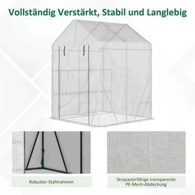 Foliengewächshaus 143 x 143 x 195 cm mit 4 Regalböden und Stahlgerüst, Weiss,