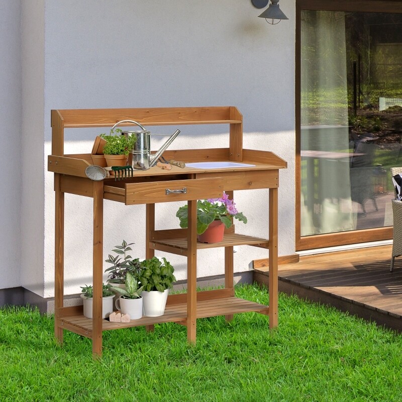 Pflanztisch Gärtnertisch Blumentisch mit Wanne Garten Tannenholz Natur 117 x 45 x 121 cm