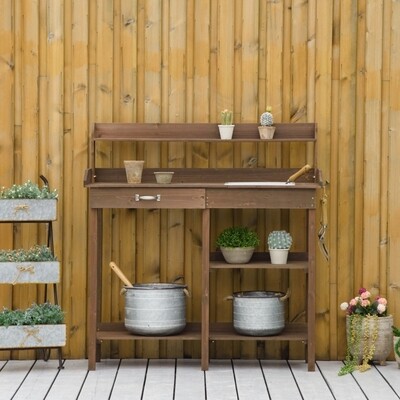 Pflanztisch Gärtnertisch Blumentisch mit Wanne Garten Tannenholz Braun 117 x 45 x 121 cm