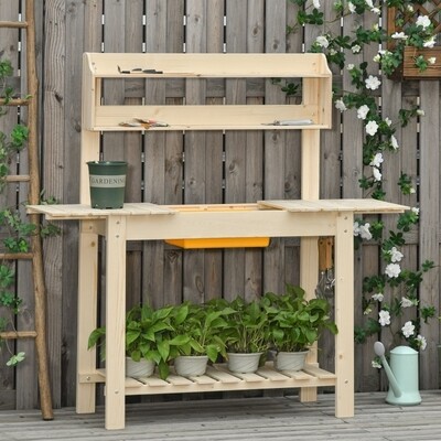 Pflanztisch mit Haken Gärtnertisch Blumentisch aus Tannenholz Kunststoff für Garten Terrasse verstellbare Arbeitsfläche Natur 100 x 40 x 140 cm