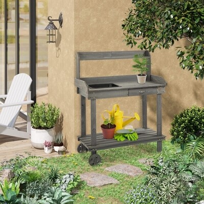 Pflanztisch mit Schublade 2 Stufen Gärtnertisch mit waschbecken und Rollen Garten Tannenholz Grau 92 x 45 x 119 cm