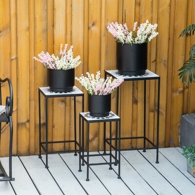 3er Set Blumenständer / Beistelltische aus Metall Schwarz+Grau
