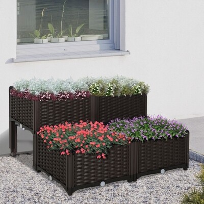 Hochbeet, 4-teiliger Pflanzkasten mit Abflusslöchern, Blumenkasten im Rattan-Look, PP, Braun