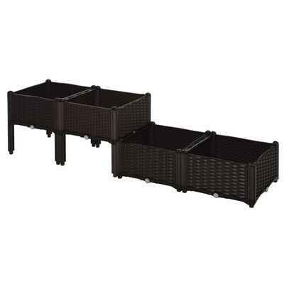 Hochbeet, 4-teiliger Pflanzkasten mit Abflusslöchern, Blumenkasten im Rattan-Look, PP, Braun